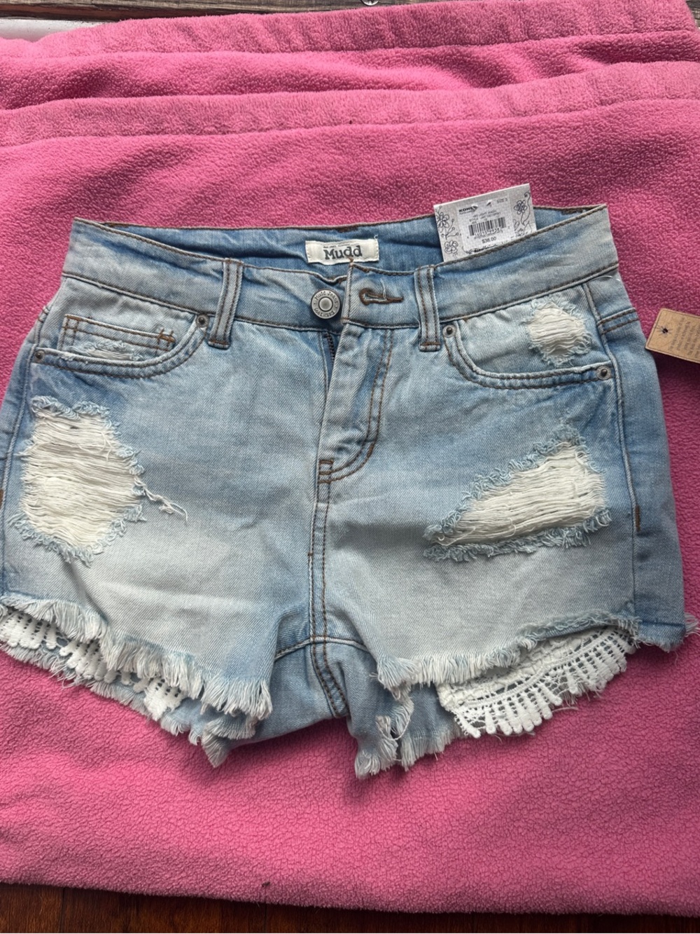 Mudd Light Blue Distressed Denim Shorts with Lace Trim